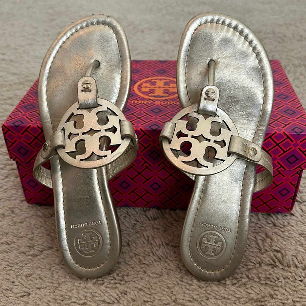Tory Burch Metallic Miller Sandals in gold. Size 7.5